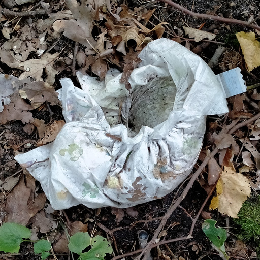 Old and dirty diaper found discarded in the woods.